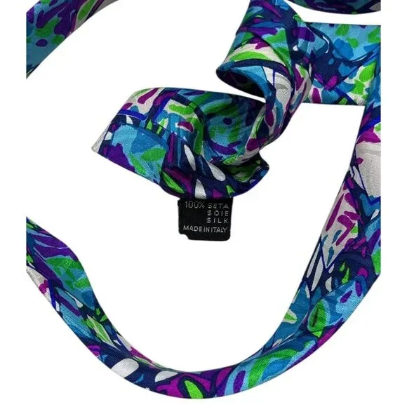 MISSONI Men's 100% Silk Necktie LUXURY Tie Blue Purple Green Art W:3.8" EUC
